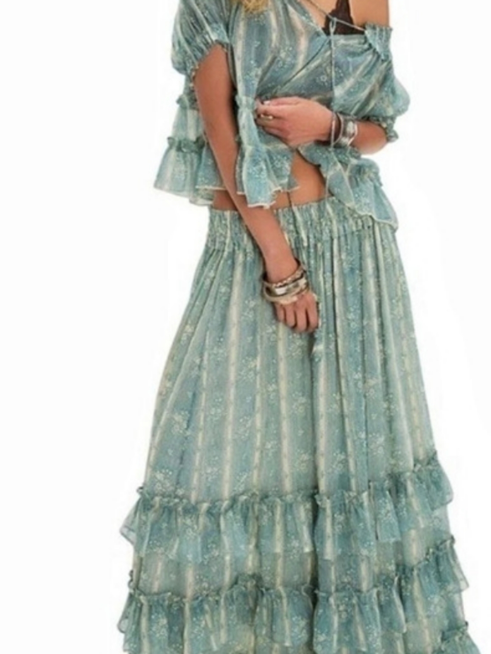 Free People Morning Mist Ruffle Maxi Top and Skirt (Set) Teal, Ivory